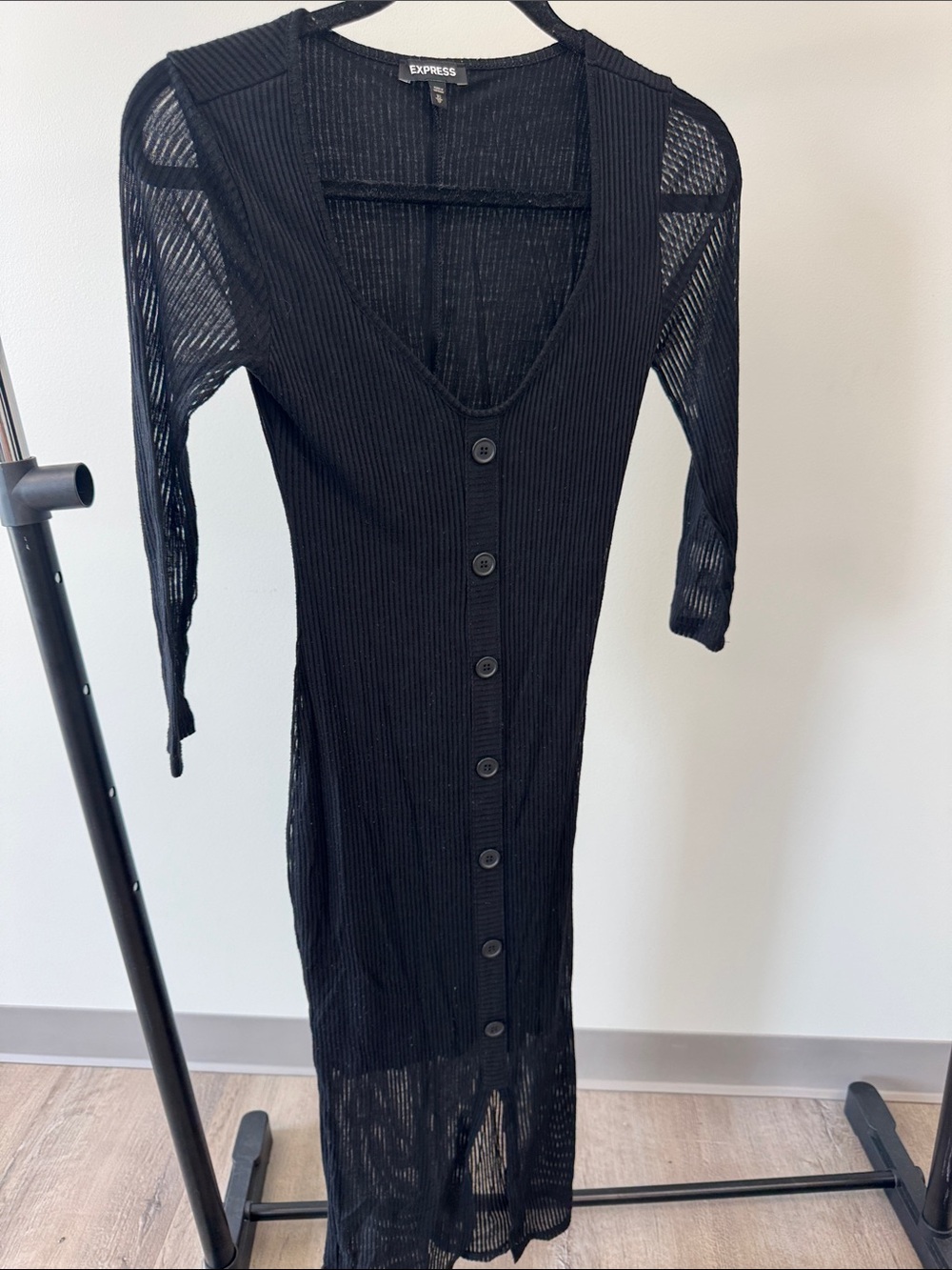 Express Black Ribbed Button-Front Long Sleeve Midi Dress